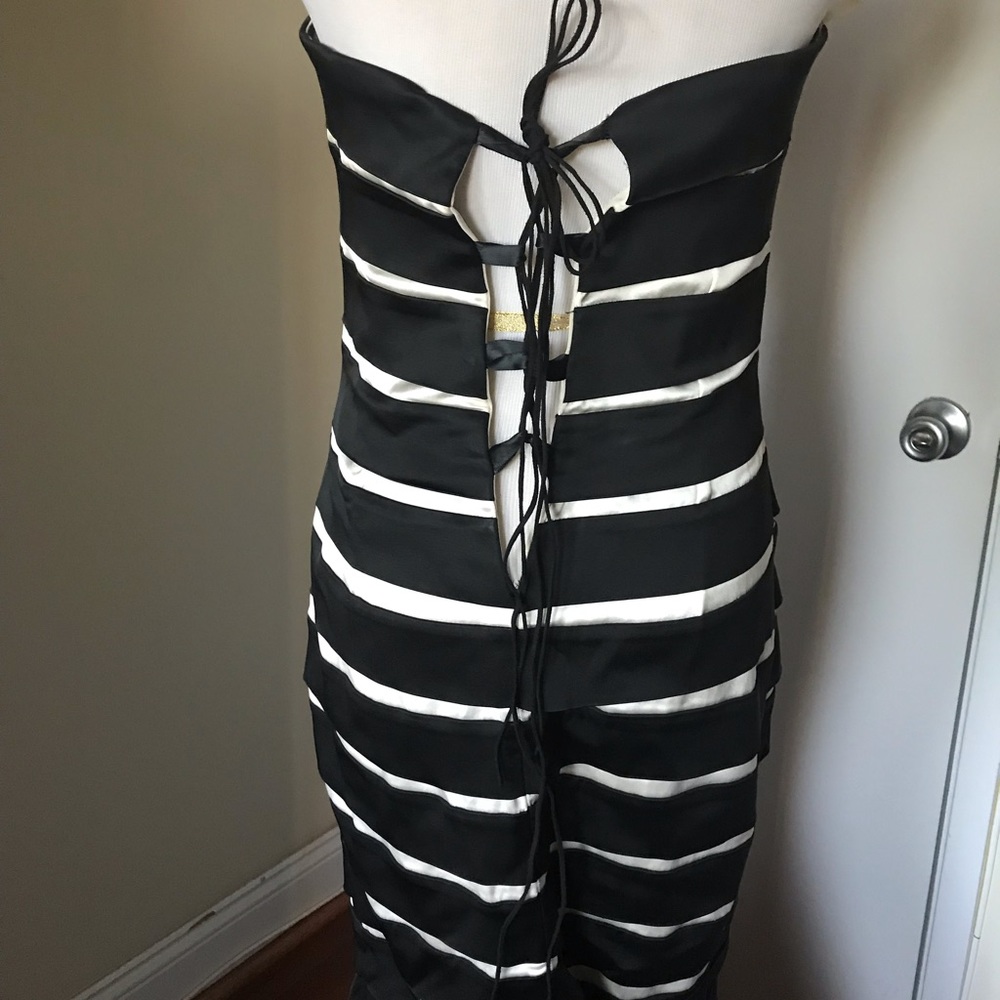 La Blanca Black & White Satin Strapless Prom Dress - Picture 3 of 5